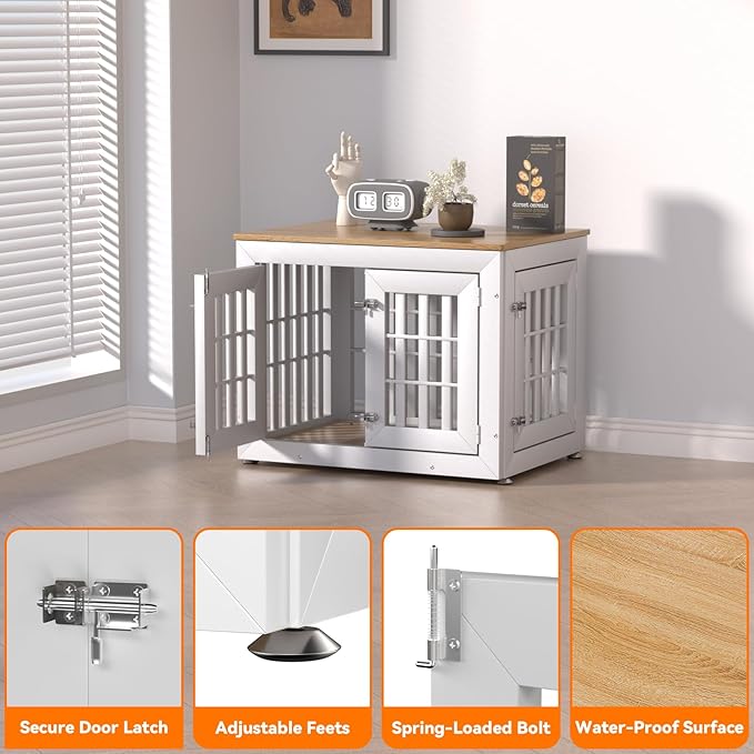 32" Heavy Duty Dog Crate Furniture for Small,Medium and Large Dogs,Rustic Wooden Dog Cage Kennel Indoor Furniture with Waterproof Top,Decorative Pet House Side End Table (White & Wood)
