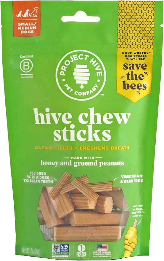 Project Hive Dental Chew Sticks for Dogs 7 oz Small (S/M) Textured Dental Treats, Fit Hive Toys Vegetarian, Made with Ground Peanuts & Honey, No Grain or Soy, Cleans Teeth & Freshens Breath