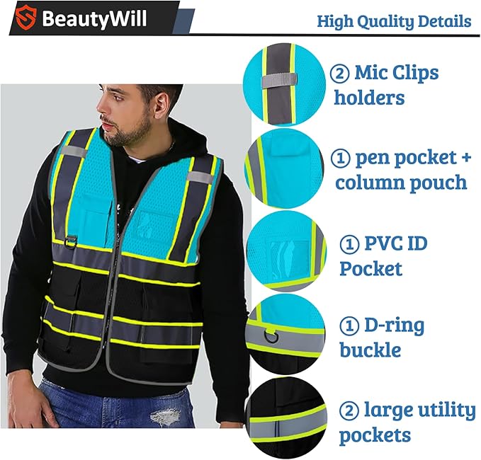BeautyWill 5 Pack Custom Mesh Safety Vest Customized Logo Class2 High Visibility Reflective Vest with Pockets Construction workwear（Blue Black，3XL ）