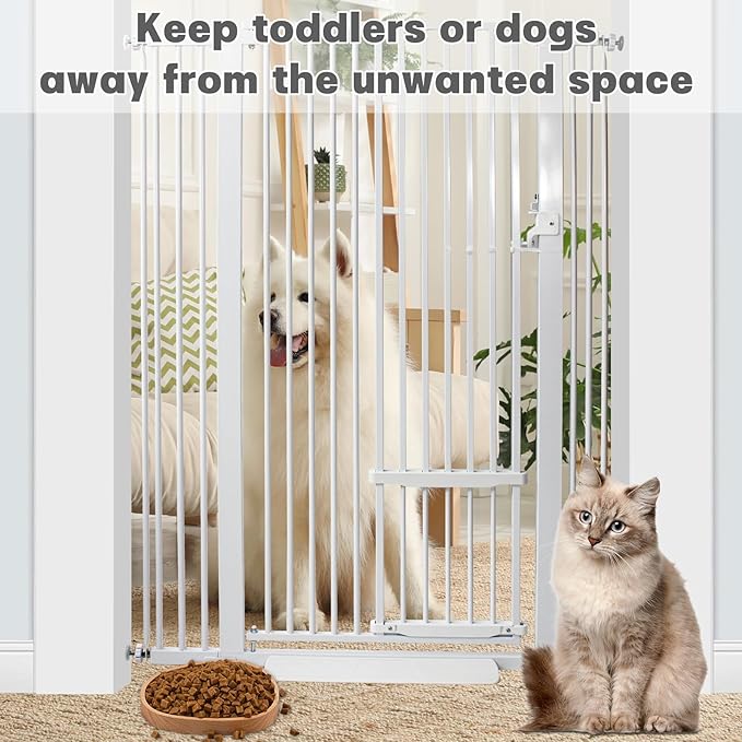 55 Inch Extra Tall Pet Gate with Small Cat Door, 29.55"-40.55" Adjustable Wide Dog Gate, Tall Cats Gates for Doorway, Stairs, House(White)