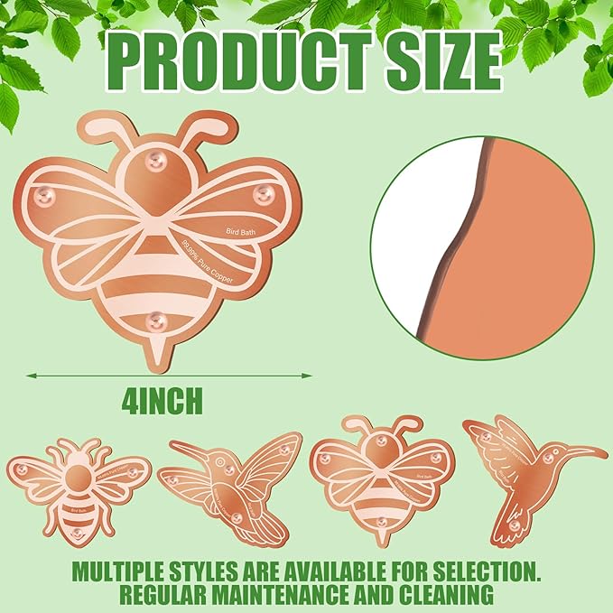 4 Pack Bird Bath Copper Disk Bird Bath Purification Disk with Triple-Point Support 99.99% Pure Copper Water Cleaner for Outside Bowl, Physical Safe Clean Water(Bee)
