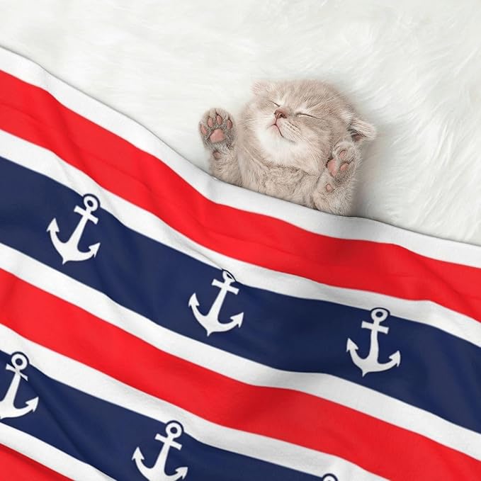 Double Sided Plush Pet Blanket for Small Large Animals, Nautical Anchor Seamless Pattern Blue and Red Stripe, Reversible Throw with Dimpled Dot Side and Flat Side for Kennels Living Rooms