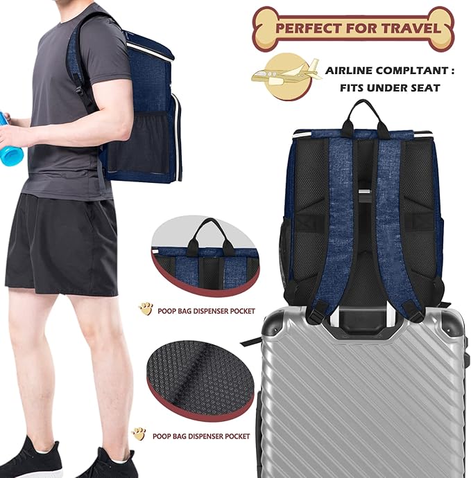 BAGLHER丨Dog Travel Bag Backpack, Airline Approved Pet Supplies Backpack, Dog Travel Bag with 2 Silicone Collapsible Bowls and 2 Food Baskets Dark Blue