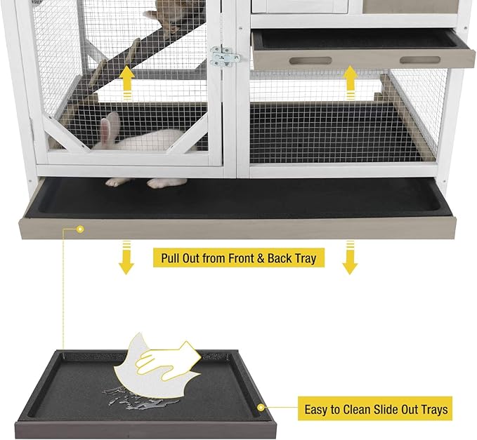 Aivituvin Upgrade Rabbit Hutch Rabbit Cage Indoor Bunny Hutch with Run Outdoor Rabbit House with Two Deeper No Leak Trays - 4 Casters Include (Mocca Color Without Bottom Wire Netting)