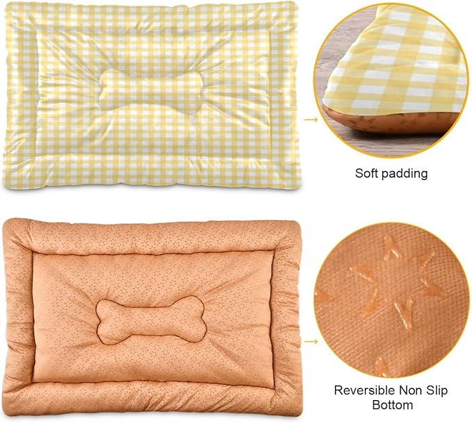 Yellow Gingham Dog Bed Mat Cat Crate Pad with Non-Slip Bottom, Washable Soft Pet Kennel Beds for Small Medium Large Dogs, 36"x24"