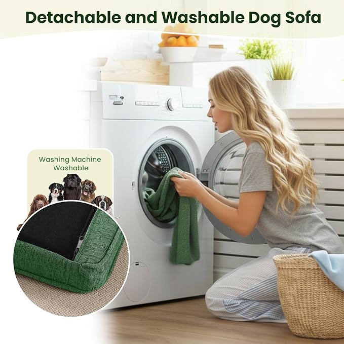 Elevated XL Large Dog Sofa with Backrest and Armrests, 55" Button Tufted Dog Couch Bed with Soft Cushion for Large Dogs, Stylish Lounging Bed Pet Couch Chair, 120Lbs Weight Capacity, Olive Green