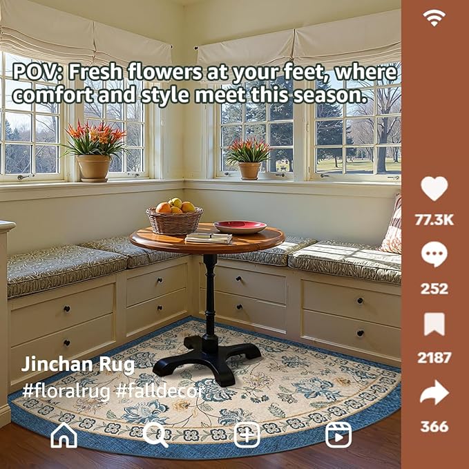 jinchan Floral Corner Rug for Kitchen Washable Nursery Rug Vintage Romance Design Non Slip Quarter Circle Lightweight Low-Pile Throw Carpet for Playroom Reading Nook Office, 5ft Radius, Blue/Beige