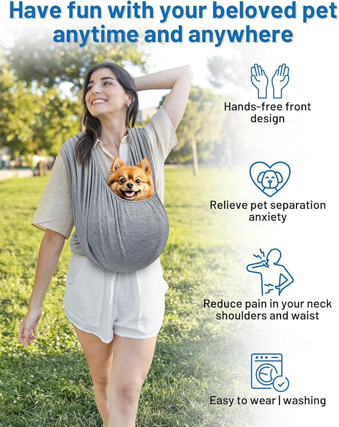 Dog Sling Carrier for Small Dogs, Front Pet Sling Carrier Chest, Adjustable Reducing Back Stress Cat Sling for Small Pet up to 20lbs, Hands Free Puppy Sling for Travel or Everyday Use (Light Grey)