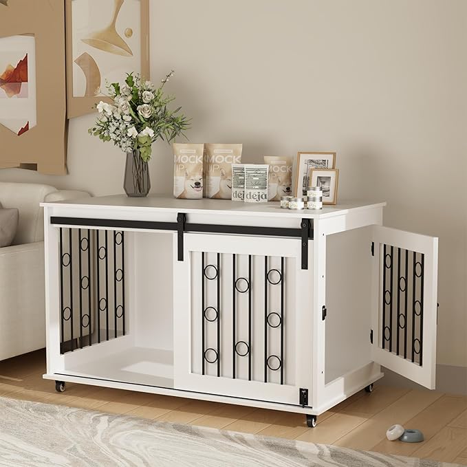 39.37'' Modern Wooden Dog Crate Furniture with Sliding Barn Door and Side Door, Indoor Dog Kennel End Table for Small to Medium Dogs, Decorative Pet Crate with Metal Bars and Lockable Wheels