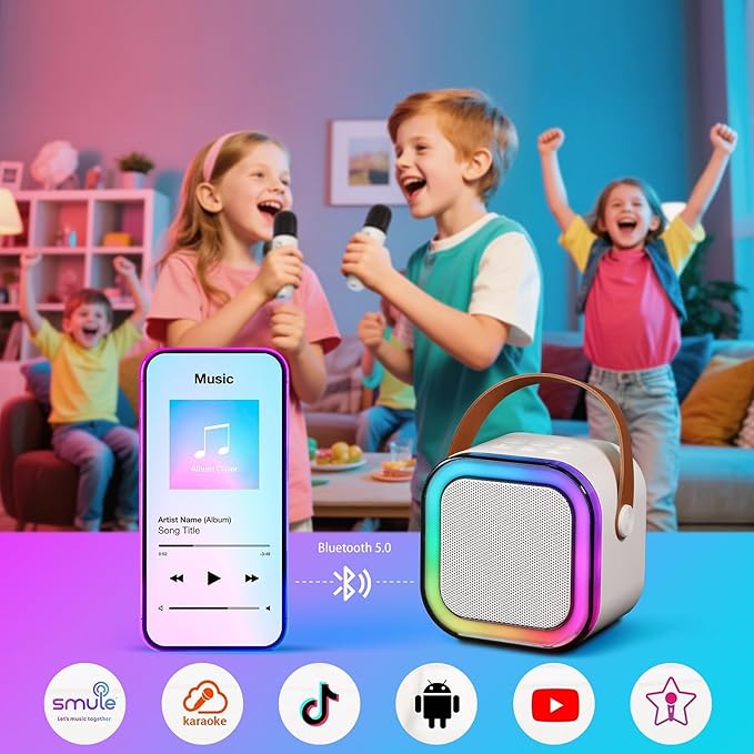 Mini Karaoke Machine for Kids with 2 Wireless Microphones and Lights, Bluetooth Connect Phone to Sing, 4-12+ Year Old Girl Boy Birthday Gifts, Teen Girl Gifts Trendy Stuff (Beige)