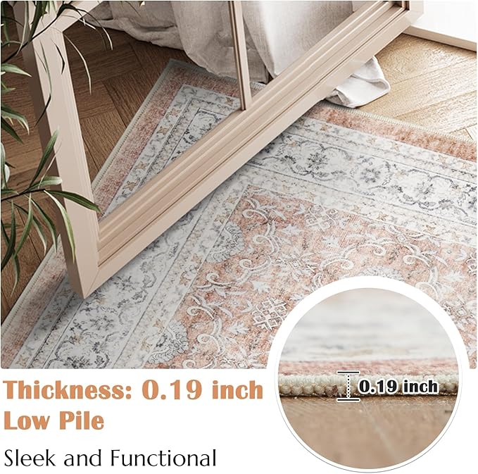 jinchan Floral 5x7 Area Rugs for Bedroom - Machine Washable Vintage Distressed Boho Design Throw Rug Stain Resistant Carpet Low-Pile Thin Non-Slip for Nursery Living Room Dining Room (5‘x7',Orange)