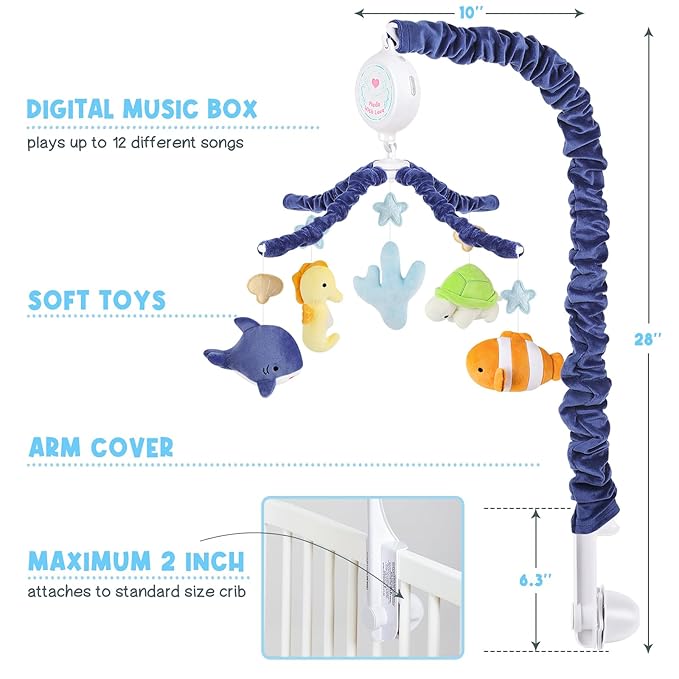 Ocean Animals Baby Crib Mobile - Musical Baby Mobile for Crib with 12 Lullabies for Boys & Girls, Baby Mobile for Bassinet for New Borns, Nursery Mobiles, Fits Standard Cribs