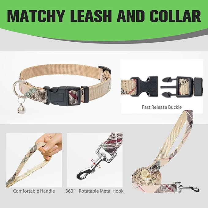 EXPAWLORER Plaid Small Dog Harness and Leash Set with AirTag Holder - No Pull Soft Padded Step in Dog Vest Harness Medium Sized Dog, Reflective Puppy Harness, Collar and Leash for Walking, Khaki S