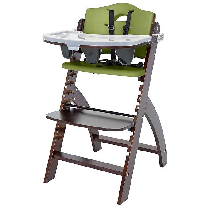 Abiie Beyond Junior Wooden High Chair with Tray - Adjustable and Convertible High Chair for Babies and Toddlers - 6 Months to 250 Lb - Water Resistant - Mahogany Wood/Olive Cushion