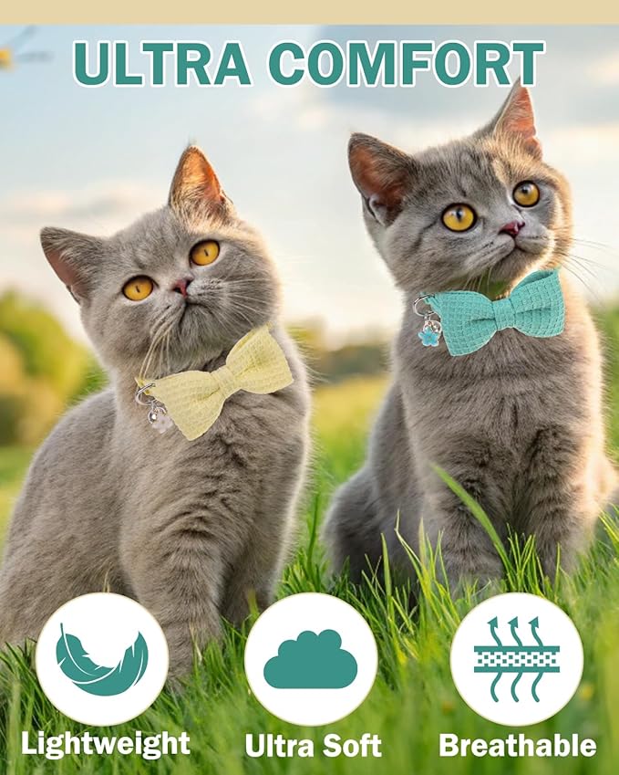 Cat Collar Breakaway with Bells, Soft Cotton Cat Bowtie Collar for Girl Boy Cats, Small Cats Collar with Bow for Spring Summer, 2 Pack Cute Kitten Collars with Removable Bowtie 8-12Inch