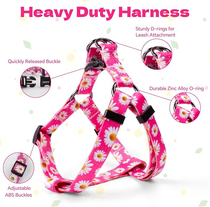 QQPETS Dog Harness Leash Set Adjustable Heavy Duty No Pull Halter Harnesses for Small Medium Large Breed Dogs Back Clip Anti-Twist Perfect for Walking (S(14"-20" Chest Girth), Daisy)