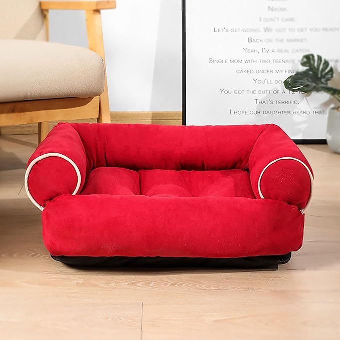 Suede Sofa Dog Bed, Multiple Sizes Orthopedic Memory Foam Mattress, Durable and Calming, Washable Dog Bed with Anti-Slip Bottom L brightRed