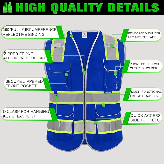 BeautyWill 5Pack Custom Logo Safety Vest 8 Pockets Class2 ANSI Certified High Visibility Reflective Vest for Men - Personalized Logo Heavy-Duty Work Vest（Blue，L）