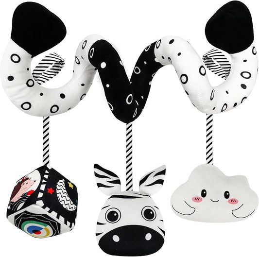 Car Seat Toys for Babies 0-6 Months,Hanging Rattle Toys for Crib Mobile, Baby Spiral Hanging Stroller Black and White High Contrast Toys for Newborn 0 3 6 9 12 Months Baby Boys Girls (Zebra)