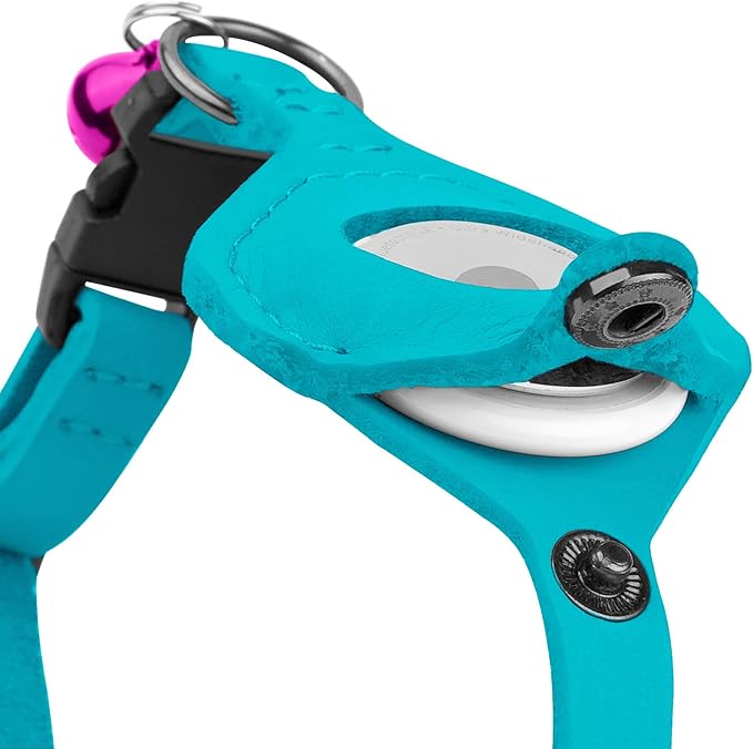 Breakaway Airtag Cat Collar with Removable Bell - Leather Pet Collar with Apple Air Tag Holder - Adjustable GPS Collars for Girl Boy Cats Kitten Puppy - Lightweight, Cute and Comfortable (Aquamarine)