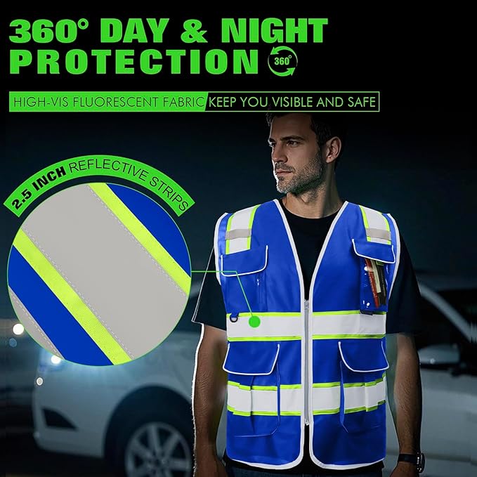 BeautyWill Custom Logo Safety Vest 8 Pockets Class2 ANSI Certified High Visibility Reflective Vest for Men - Personalized Logo Heavy-Duty Work Vest（Blue，4XL）