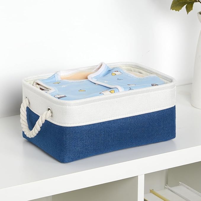 Bidtakay Small Storage Baskets for Shelves 3 Pack Fabric Storage Bins for Organizing Linen Collapsible Organizer for Closet-White&Blue