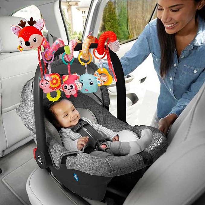 Stroller Toys, Car Seat Toys for Babies 0-6 Months Infants Activity Spiral Hanging Crib Toy Gift for Baby Boys and Girls 0 3 6 12 Months Newborn Sensory Toy with Rattles Squeaker Music- Red