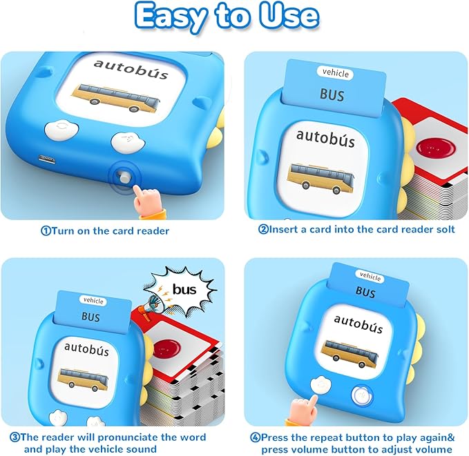 Kidzdo 520 Bilingual Spanish English Talking Flash Cards, Christmas Birthday Gifts for 2 3 4 5 6 Year Old Boys, Montessori Pocket Speech Therapy Toys, Portable Toddlers Toys for Ages 2-6 Kids, Blue