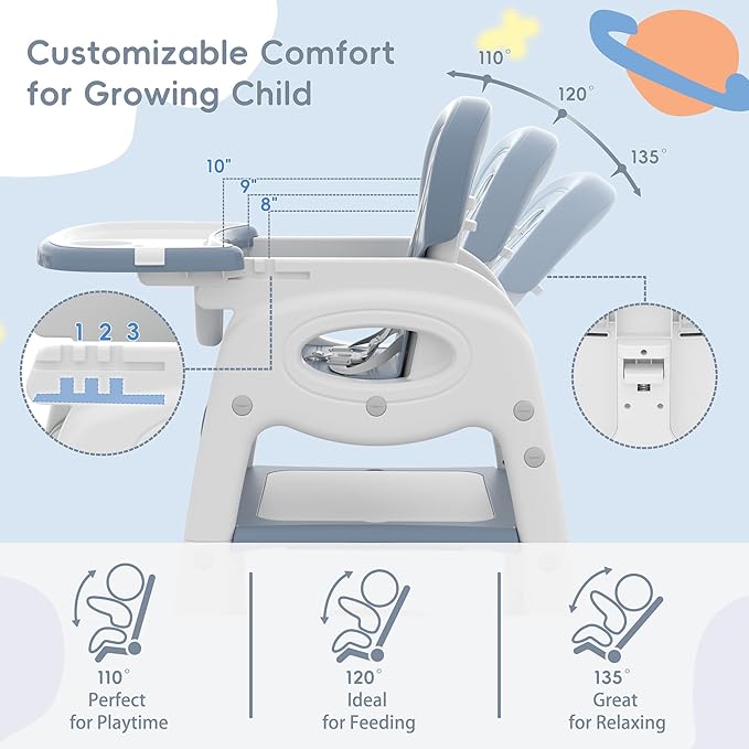 Xilingol 8 in 1 Convertible Baby High Chair W/Wheels, Baby Feeding Chair W/Adjustable Backrest & Removable Dual Tray, Building Block Table & Chair Set, HighChair for Babies & Toddlers (Blue)