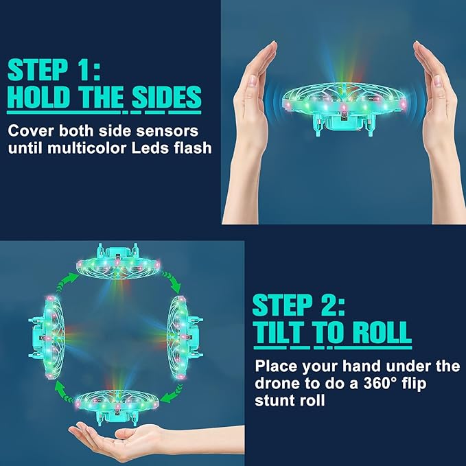 Hand Operated Drone Toy for Kids or Adults - AI Motion Sensors Mini Drones with Bright LED Projection, 360 Flips, Easy Indoor Small Flying Orb Ball for Age 4-6-8-12 Birthday Gifts