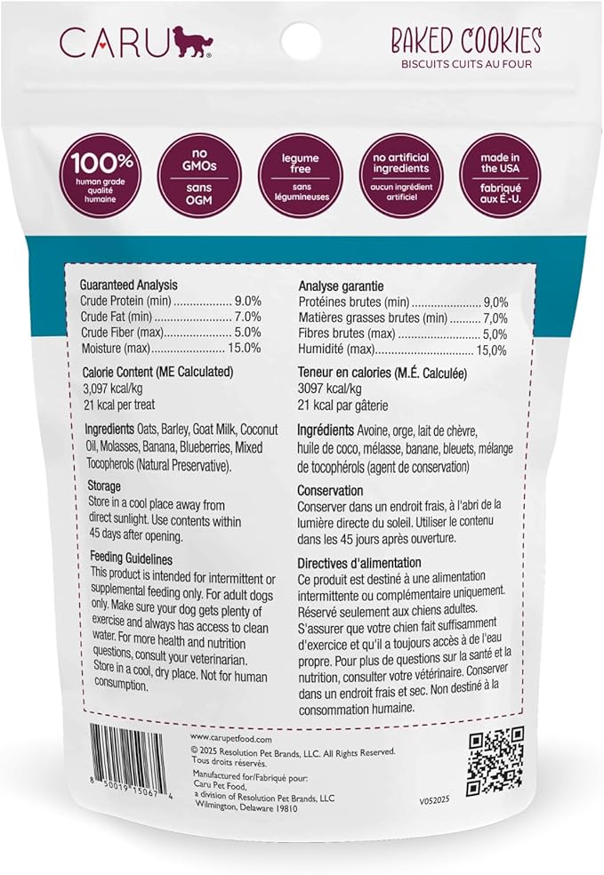 Caru - Goat’s Milk, Banana & Blueberry Baked Cookies - Natural Treats for Dogs - Human Grade Ingredients - Flavorful - Wheat, Corn, Soy & Legume Free - Non-GMO - Made in USA - 4 oz - 1 Pack