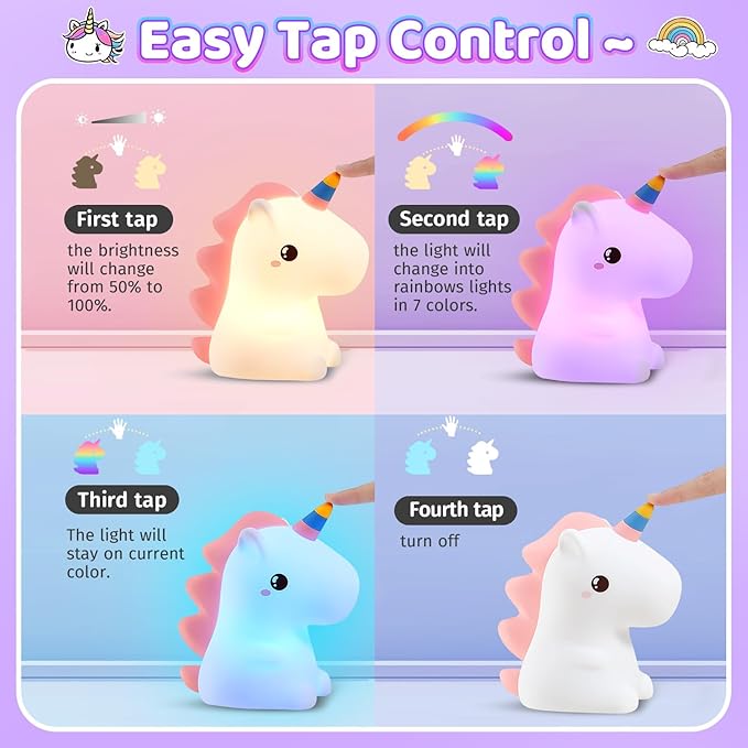 ONEFIRE Unicorn Night Light for Kids,【Cute Gifts&Remote】 16 Colors Cute Night Light,5 Lightness & Last 10H Nightlight for Kids Room,Soft Lamp