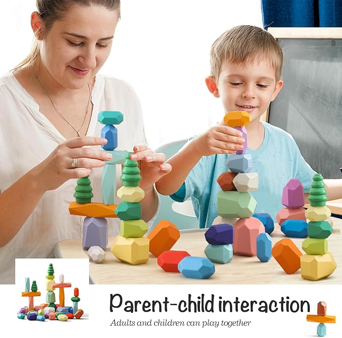 OESSUF Stacking Rocks 40Pcs Stacking Rocks Balancing Stacking Stones Wooden Stacking Toys Wooden Stone Stacking Game for Toddler Wood Sorting Montessori Stacking Rocks for Kids