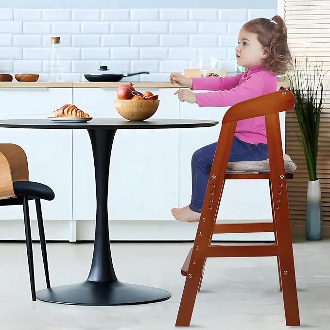 PandaEar Wooden High Chair for Toddlers, Adjustable Child Highchair Feeding Chair with Removable Cushion & Steps for Kids Dining, Eating, Studyin (Walnut)