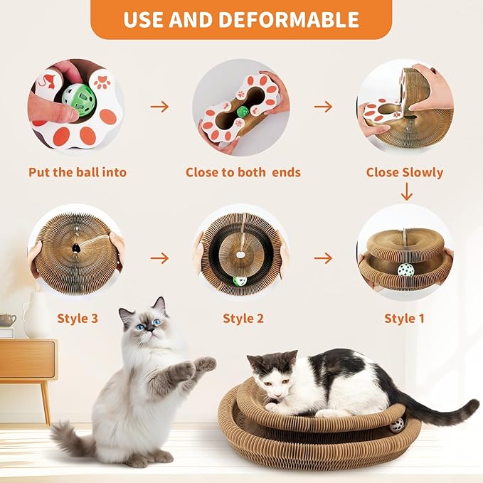 Collapsible Cats Cardboard Scratcher Interactive Pet Toys for Indoor Cats with Ring Ball Magnetic Kitten for Chase Scratch Paw