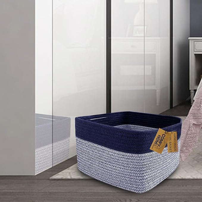 COMFY-HOMI Rectangular Cotton Rope Basket With Handles for Shelves|Dog Toy|Baby Gift - Dark Blue (13.5" x 11" x 9.5")