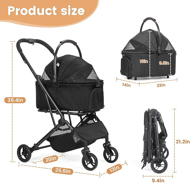 Wdyvko 3 in 1 Dog Stroller, Upgraded Frame, Up to 44lbs Pet Stroller with Dog Poop Bags & Dispenser, Zipperless Entry, Storage Basket & Pouch for Small Dogs Cats (Black)
