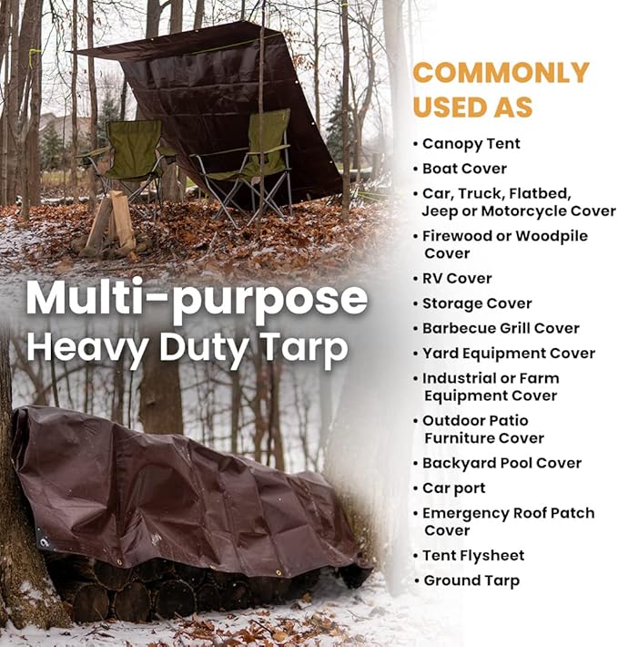 WHITEDUCK Super Heavy Duty Poly Tarp Cover 16 Mil & 10 Mil with Grommets and Reinforced Edges (Brown, White & Silver Black) (Brown- 16 Mil, 100' x 100')