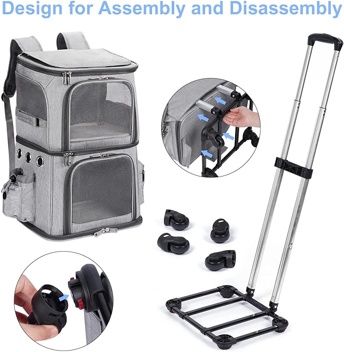 Double-Compartment Pet Carrier Backpack with Wheels for Small Cats and Dogs, Cat Rolling Carrier for 2 Cats, Perfect for Traveling/Taking a Walk/Trips to The Vet, Grey