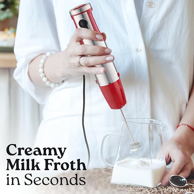 Zulay 4-in-1 Immersion Stick Mixer Hand Blender - 800 Watts, 12 Speeds, 5-ft Power Electric Cord, Handheld Portable, Stainless Steel Blades - With Whisk, Frother & Stick Blender Attachments - Red