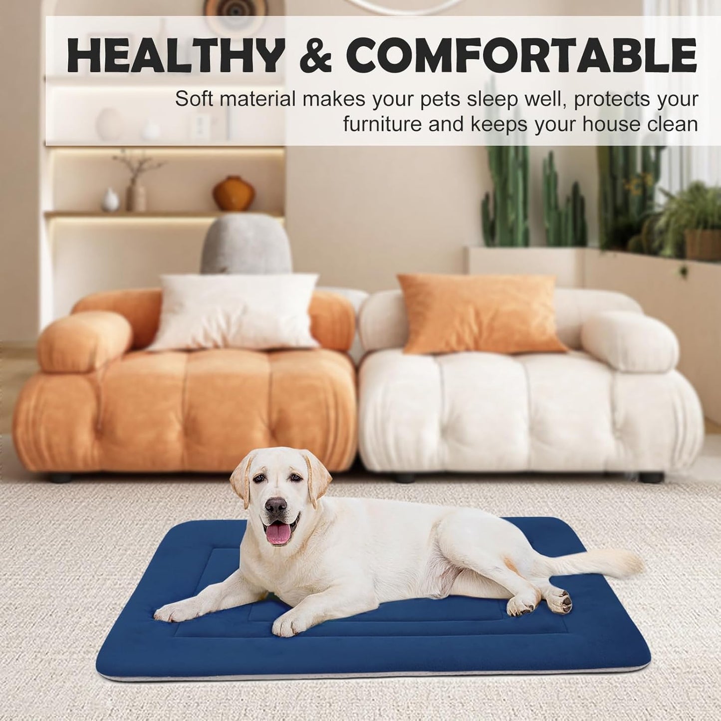 JoicyCo Dog Bed Soft Dog Crate Bed Pad Mat, 42 in Non Slip Bottom Washable Dog Beds for Large Dogs, Pet Bed Mattress Kennel Pad, Dark Blue