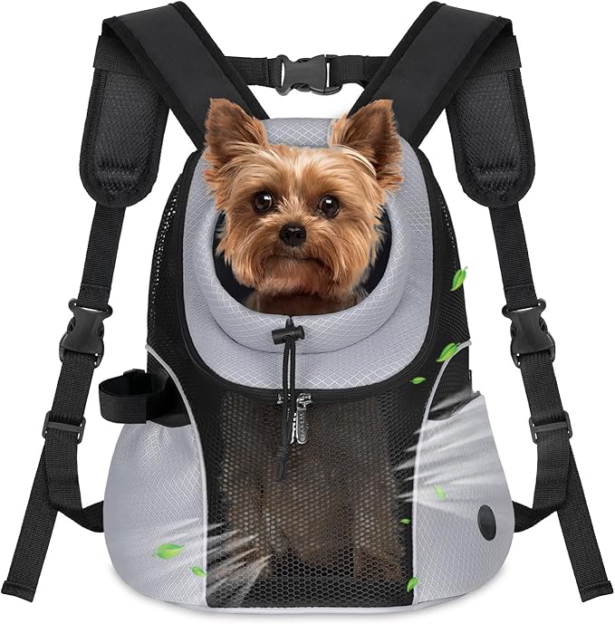 WOYYHO Pet Dog Carrier Backpack Small Dog Front Backpack Ventilated Mesh Dog Travel Back Pack with Safety Belt for Travel Hiking Cycling Outdoor Adventures (Size S: 2-4.5 lbs, Grey)