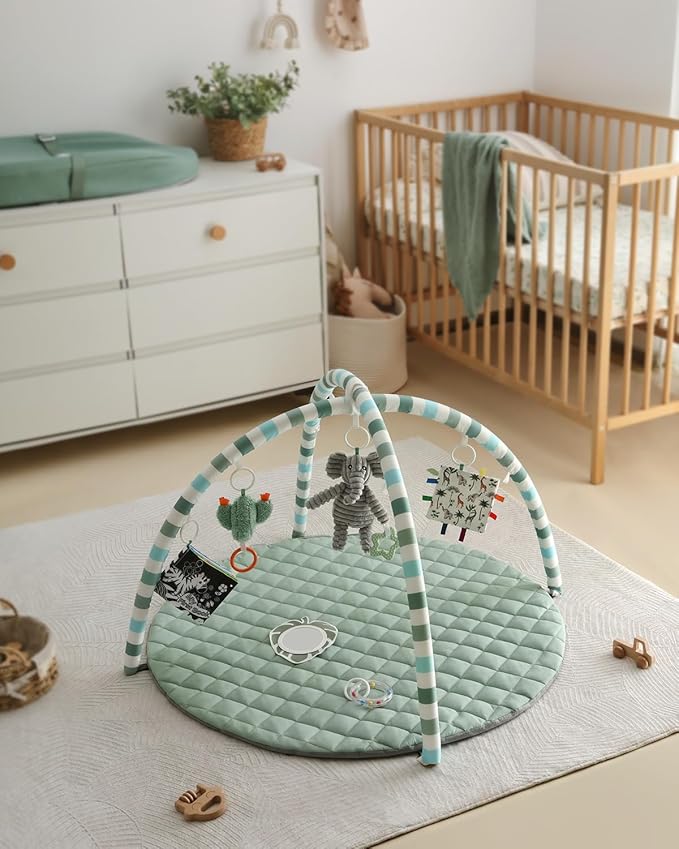 Blissful Diary Baby Play Gym Mat, Play Mat Activity Mat with 6 Detachable Toys for Stage-Based Sensory & Motor Skill Development, Easy to Install & Clean, Baby Essentials Gift, Sage Green