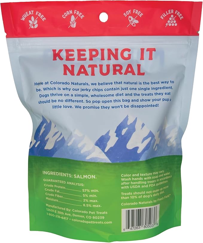Colorado Naturals Salmon Jerky Chips Dog Treats, 6 oz – All-Natural, Made in USA, No Fillers or Preservatives – Wild Alaskan Caught, Rich with Omega-3