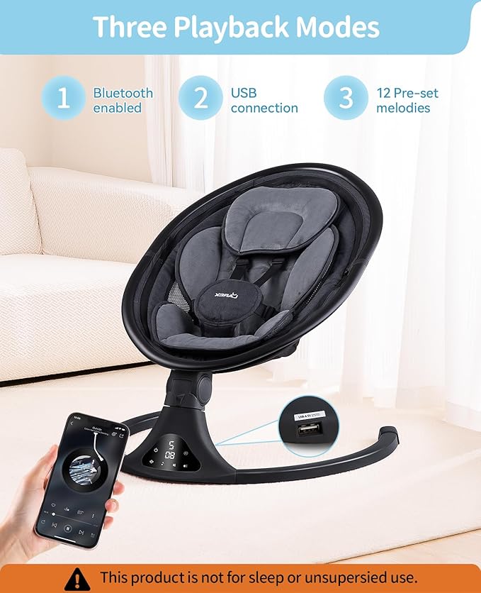 LAREX Baby Swing to Toddler Electric Infant Swing Portable for Newborn Boy Girl, 5 Sway Speeds with Remote Control, 12 Preset Melodies and Bluetooth, 0-6 Months Max 20 Lbs (2024 Model-Black)