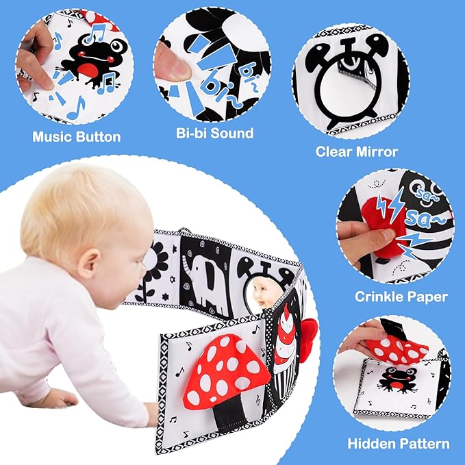 Black and White High Contrast Toys for Baby 0-3 3-6 Months Infant Tummy Time Soft Book Sensory Musical Toy 0-2-4-6 Month Babies Brain Development Montessori Crinkle Book Mirror Newborn Shower Gifts