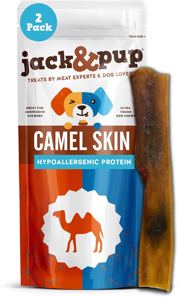 Jack&Pup Camel Skin Dog Chews for Aggressive Chewers Large - 2 ct – Hypoallergenic Collagen Sticks, Rawhide Free Single-Ingredient Collagen Chew Treats for Sensitive Stomach Dogs, Long Lasting Chews