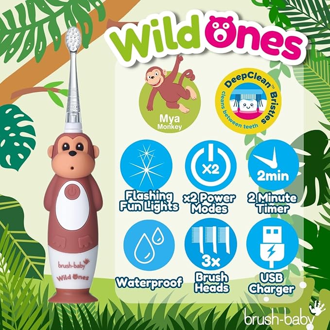 brush-baby WildOnes™ Rechargeable Kids Electric Toothbrush – Monkey | Flashing Lights, 2-Min Timer, Waterproof, 3 Brush Heads | Toddler & Child Toothbrush Ages 0-10 | Soft Bristles