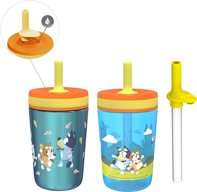 Zak Designs Bluey Kelso Tumbler Set, 15 fl.oz. Leak-Proof Screw-On Lid with Straw, Bundle for Kids Includes Plastic and Stainless Steel Cups with Bonus Sipper, 3pc Set, Non-BPA