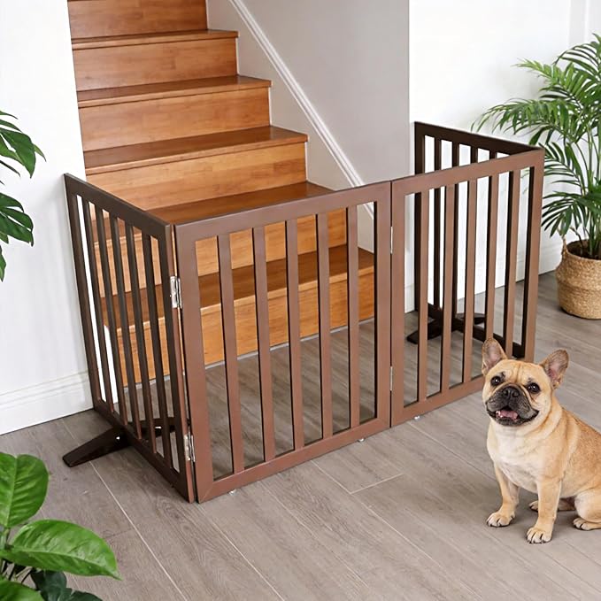 ZJSF Freestanding Indoor Dog Gate for House Foldable Wood Puppy Gate for Doorways Pet Gate for Stairs Extra Wide Pet Fence, Brown, 24" Height 2 Panels